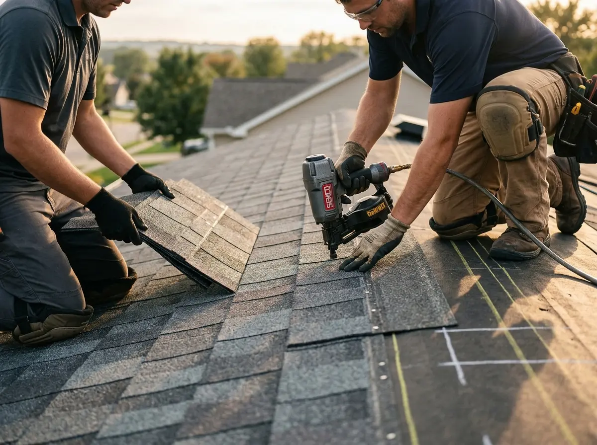Professional roofer working on a residential roof in Burnsville